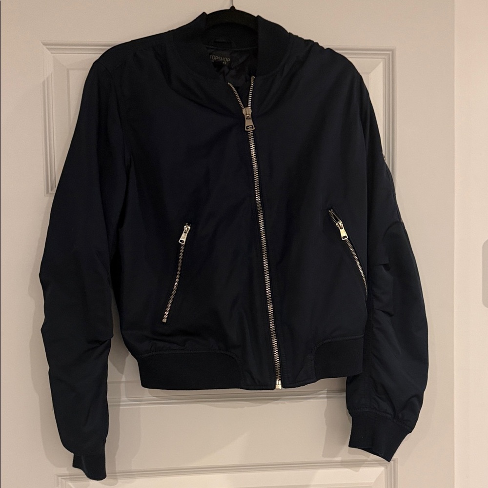 Topshop Navy Bomber Jacket with Silver Accents Silky interior size 8